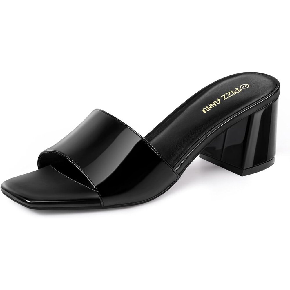 🆕Women's Black Pu Square Open Toe Heels Sandals Low Block Chunky Heeled Sandal